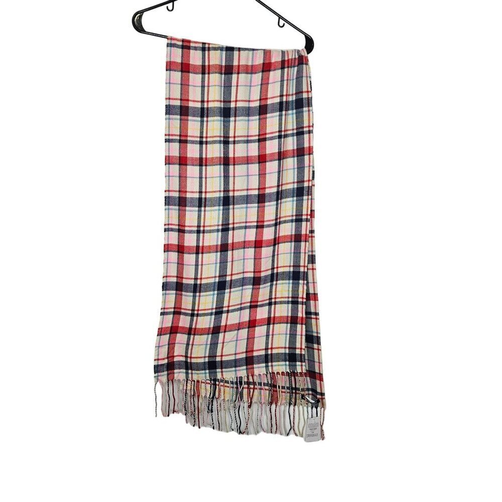 Lands End NWT Plaid Oblong Scarf OS Black Beige Heritage Plaid Fringe Red Tan